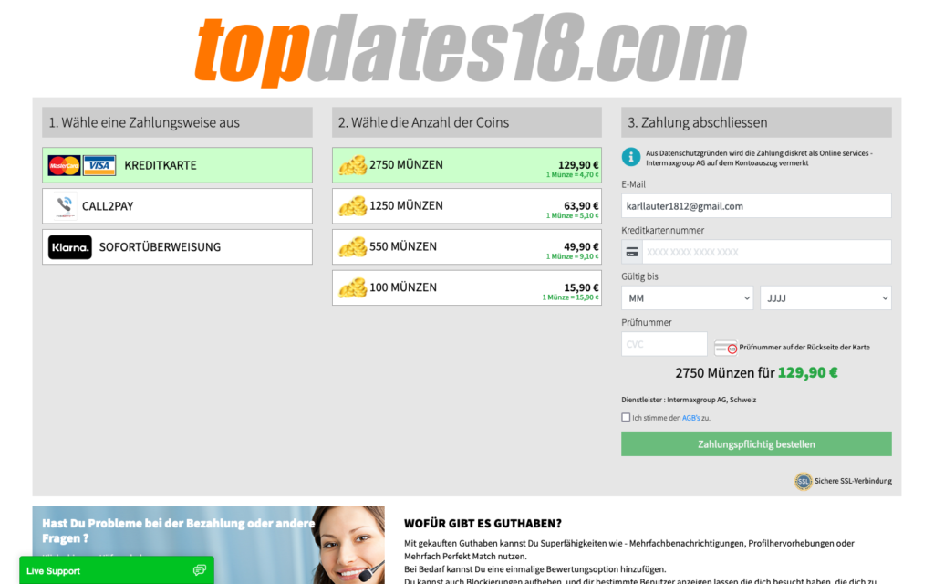 TopDates18.com Kosten Coins