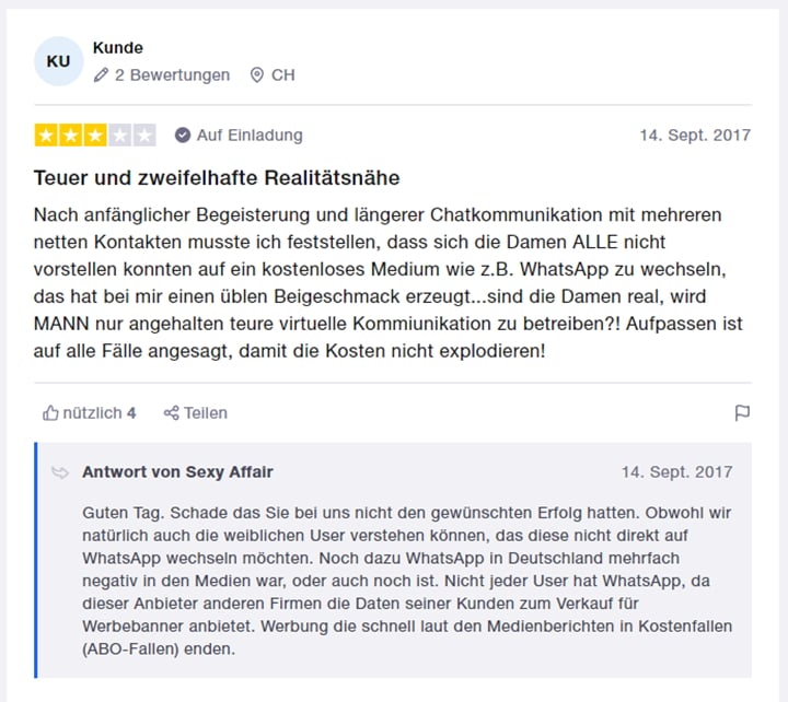 Negative Bewertung zu Sexy-Affair.eu auf Trustpilot vom 14. September 2017